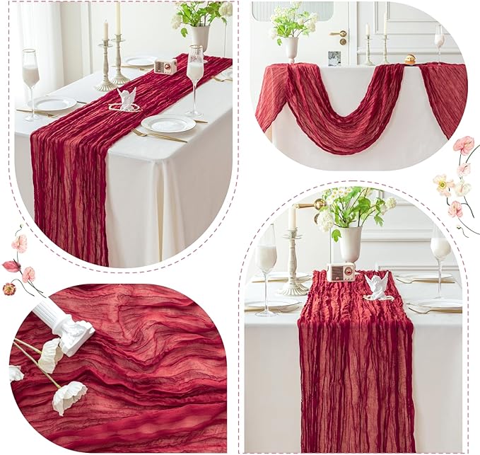 Sioloc Burgundy Red Cheesecloth Table Runner Fall Autumn Decor - Image 6