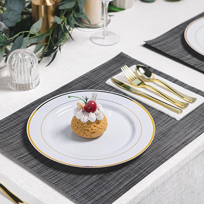 N9R 100PCS Gold Plastic Plates, 10.25 inch White Disposable Dinner Plate - Image 4