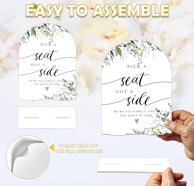 Greenery Pick a Seat Not a Side Sign, 6 x 8 Inch White Arch Acrylic Wedding Sign - Image 3