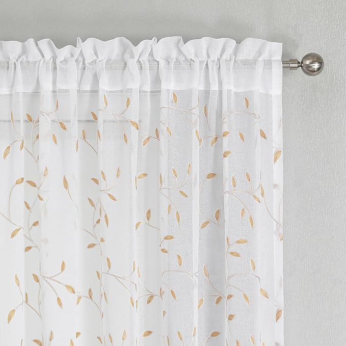 VISIONTEX White Sheer Voile Curtains, Decorative Orange Leaves Embroidery Faux - Image 3