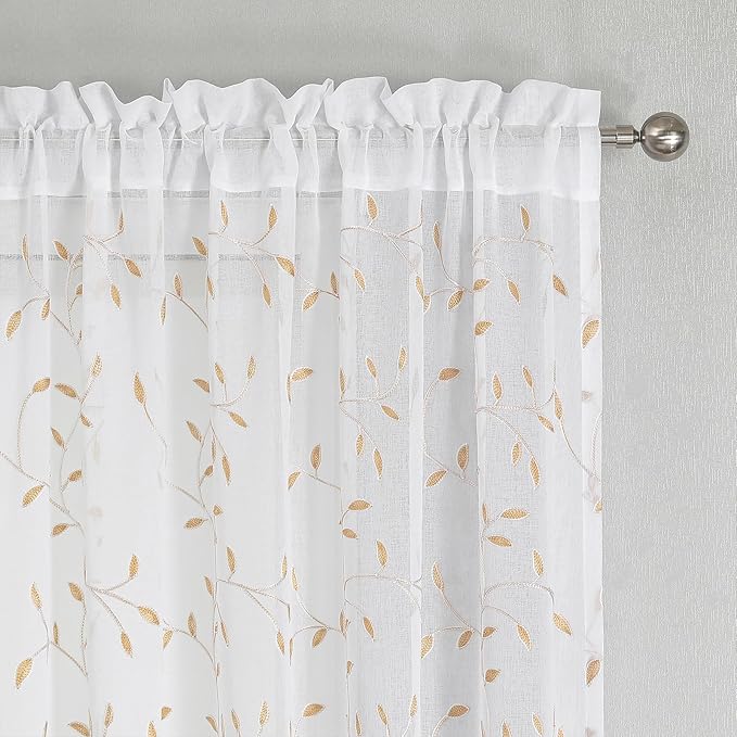 VISIONTEX White Sheer Voile Curtains, Decorative Orange Leaves Embroidery Faux - Image 3
