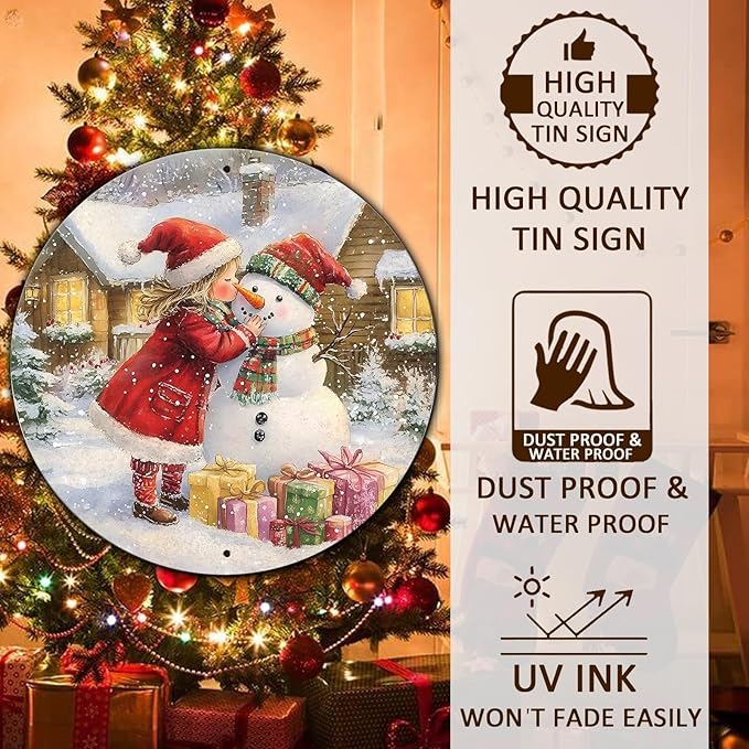 Round Wall Decor Christmas Metal Tin Sign Girl and Snowman Sign Rustic Wall - Image 4