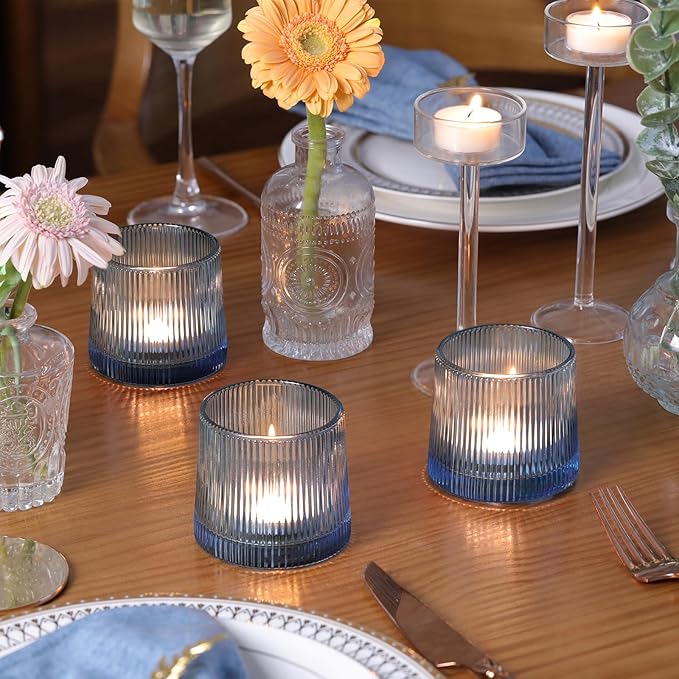 DARJEN Blue Ribbed Tealight Votive Candle Holders Set of 10- Votive Candle - Image 8
