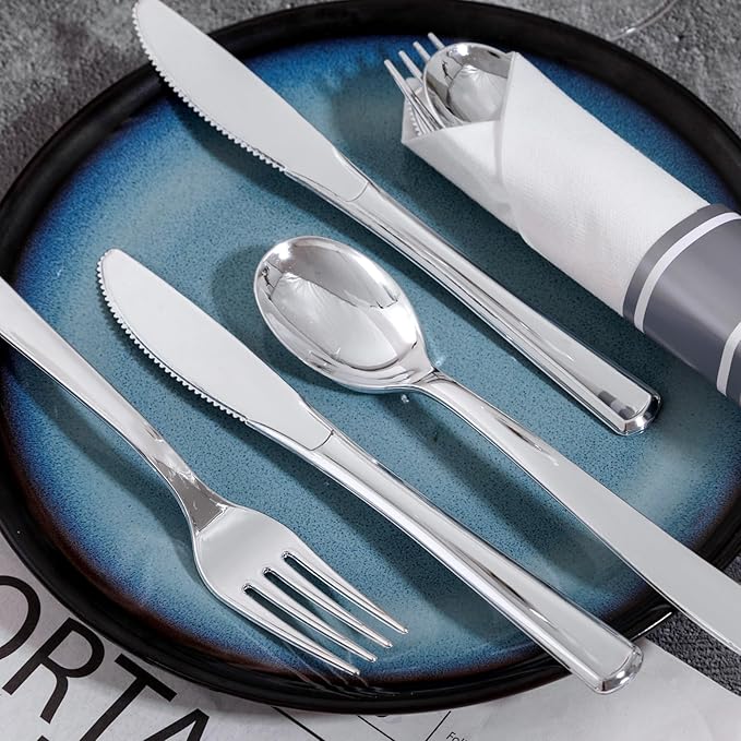 200Guests Pre Rolled Silver Plastic Silverware Sets - Image 7