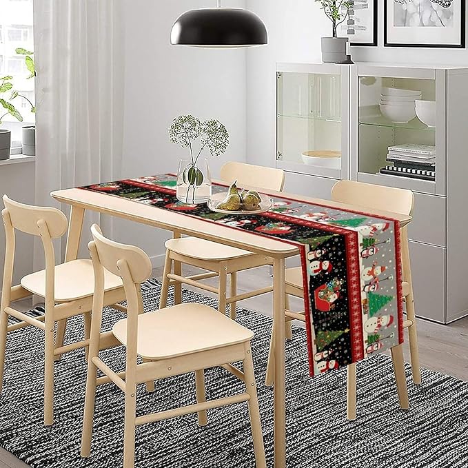 Christmas Table Runner, Cartoon Snowman Tree Xmas Deer Elk Santa Claus Print - Image 6