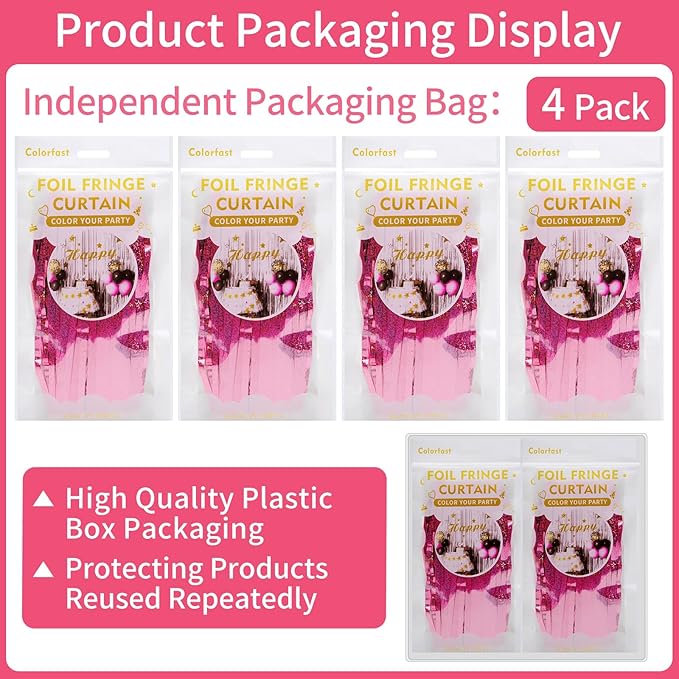 Picoway 4 Pack Pink Foil Fringe Tinsel Backdrop Curtains, Birthday Engagement - Image 2