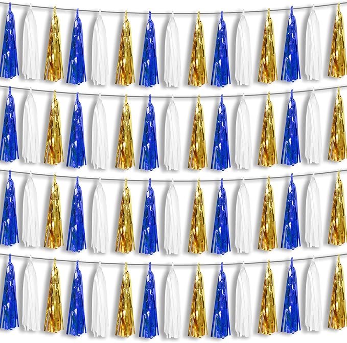 4P Navy-Blue White-Gold Foil Fringe Metallic Tassel-Garland, Tassels Banner by HYSILLA