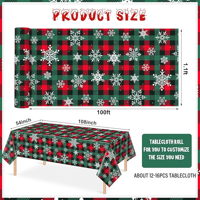 4.5x 100 Ft Roll of Christmas Buffalo Plaid Plastic Tablecloth Decorations - Image 2