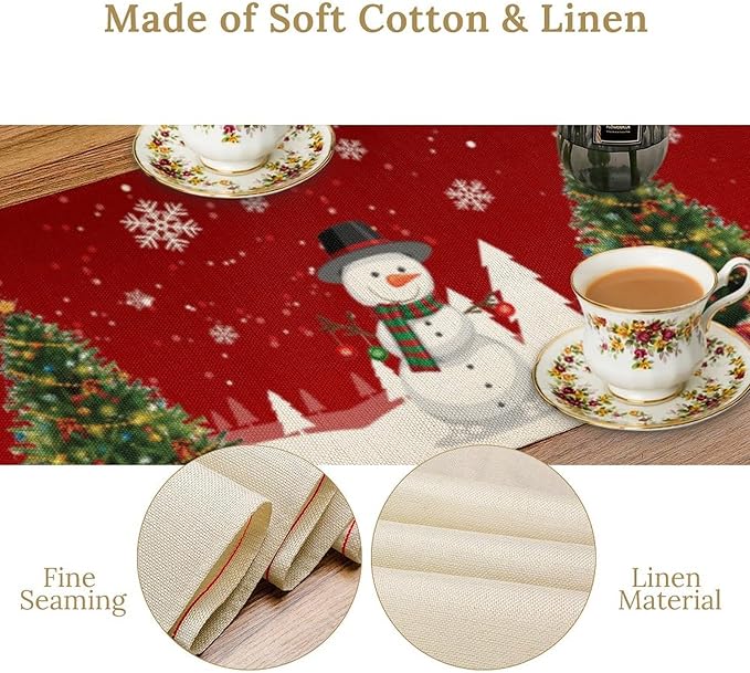 Christmas Table Runner, Snowman Rustic Red Snowflake Winter Table Cloth Kitchen - Image 5