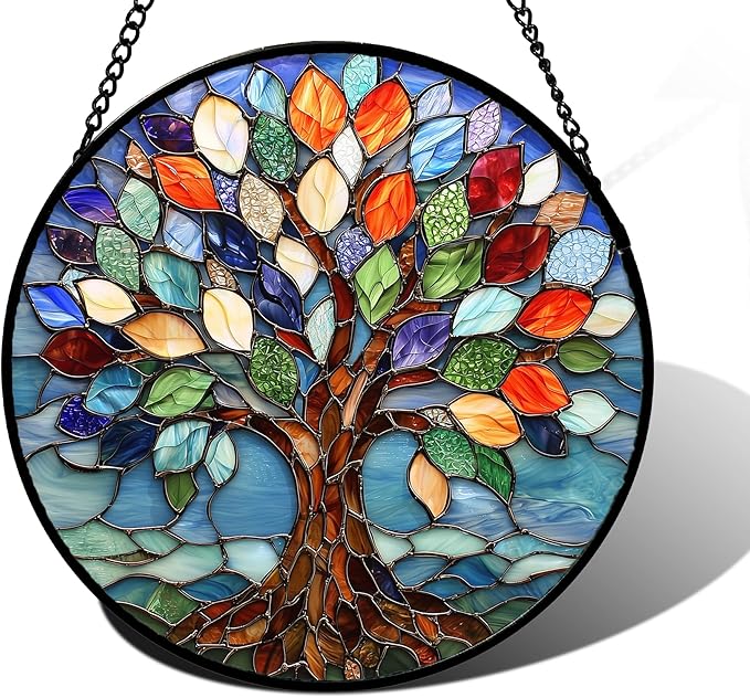 Stained Glass Window Hanging, Colorful Tree of Life Sun Catchers Glass Panel by DASTOLL