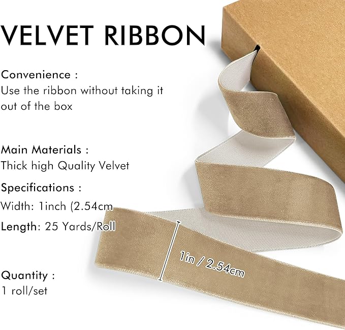 Khaki Velvet Ribbon 1'' 25 Yards - Image 2