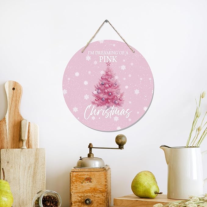 CGBHW Pink Christmas Tree Wooden Sign, Winter Holiday Theme Hanging Sign Wall - Image 3