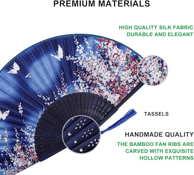 Amajiji 8.27" Hand Held Bamboo Silk Folding Fan Hand Fan, Chinese/Japanese - Image 4