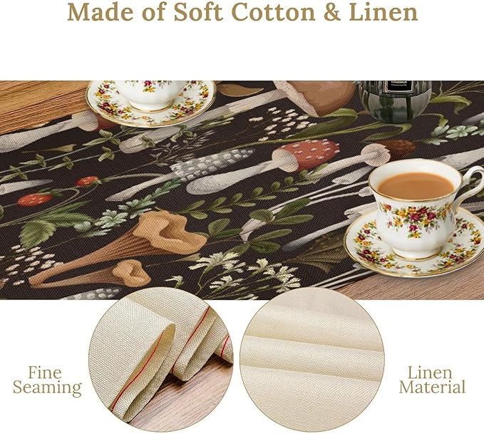 Mushroom Table Runner, Retro Forest Wildflower Botanical Plants Flower Art - Image 4