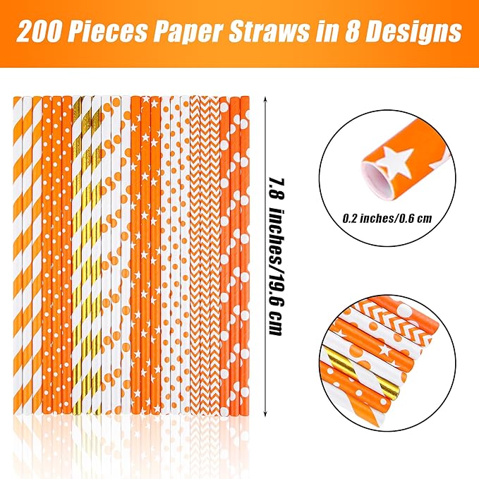 Cooraby 200 Pieces Thanksgiving Paper Straws Orange and Gold Assorted Paper - Image 2
