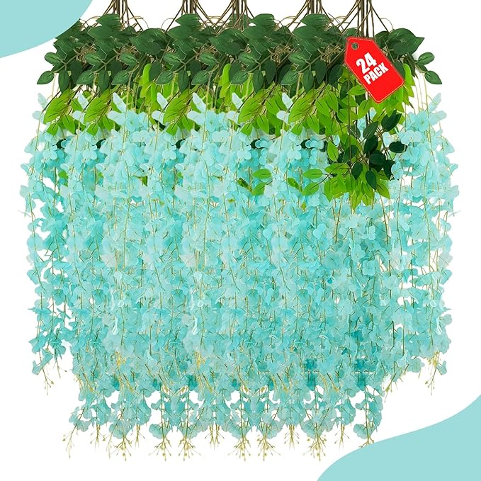 24 Pack Teal Wisteria Hanging Flowers, 3.4 Ft Fake Hanging Flowers, Artificial by ZEBMOON