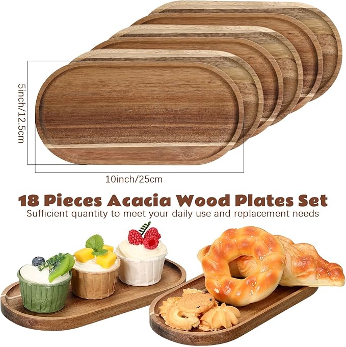 Wenqik 18 Pieces Acacia Wood Tray Set 10 x 5 Inch Acacia Oval Wood Tray - Image 2