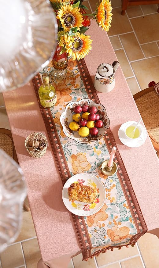 Designer Vintage Orange Floral Table Runner, French Farmhouse Soft Linen Table - Image 7