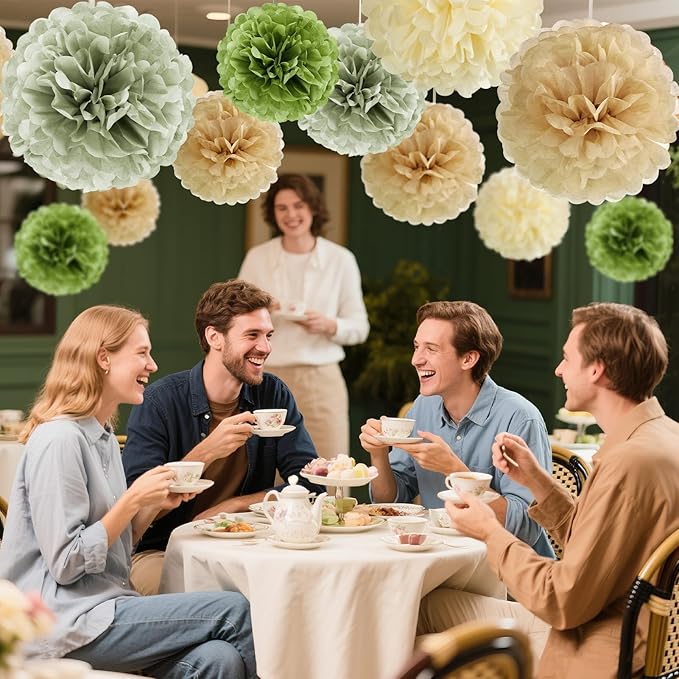 Sage Green Tissue Paper Pom Pom Flowers Decorations 15 PCS Olive Green Paper - Image 2