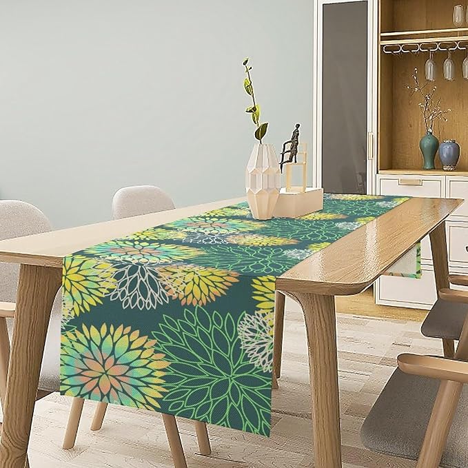 Green Dahlia Flower Table Runner, Linen Geometric Pattern Floral Table Decor - Image 4