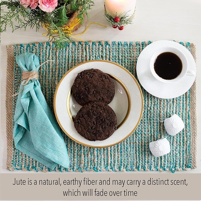 Chardin Home Natural Jute & Aqua Turquoise Placemats, 13x19 in Dining Table - Image 2
