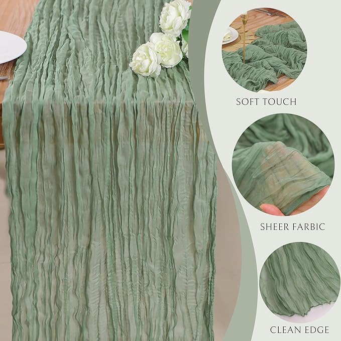 Snowkingdom Sage Green Cheesecloth Table Runner, 160 Inch 13 Ft Rustic Boho - Image 3