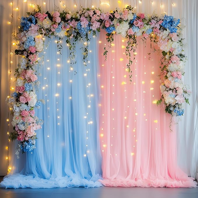 Tulle Backdrop Curtain with Lights String 10FT X 8FT Pink and Blue Sheer Tulle by Xiomot