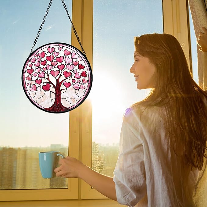 Stained Glass Window Hanging, Valentine's Day Gifts Pink Love Heart Tree - Image 2
