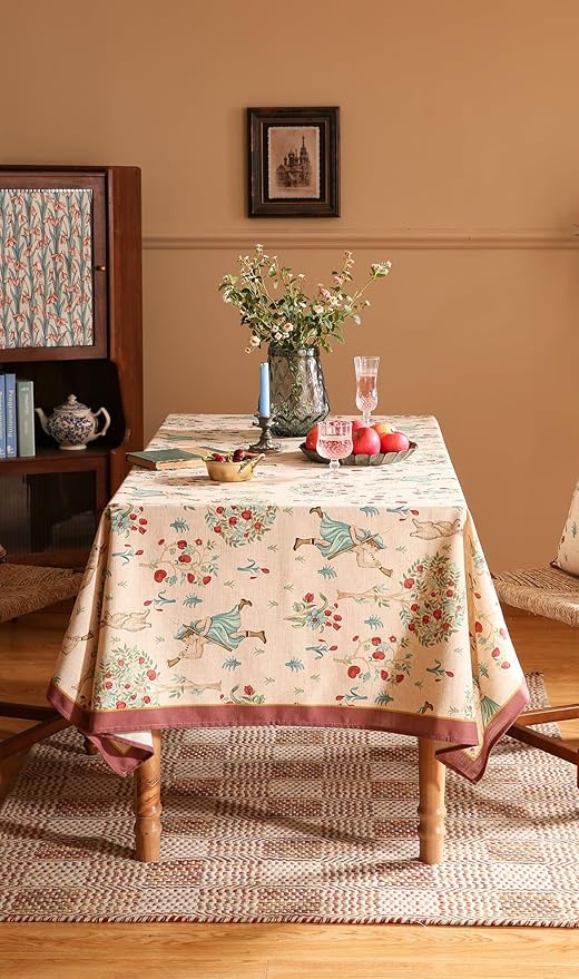 patdrea Designer Italian Beige Rectangle Tablecloth, Vintage Linen Trees - Image 7