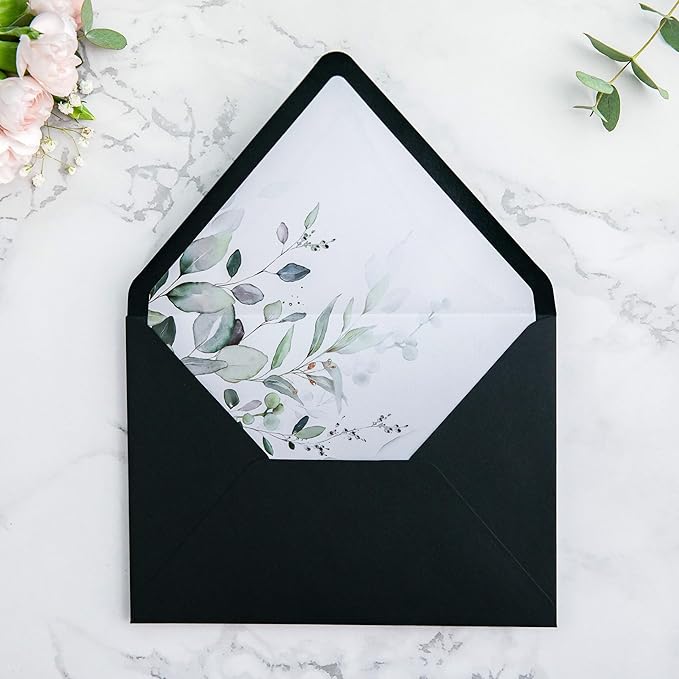 PONATIA 50 PCS A7 Euro Flap Black Envelopes, 5.25 x 7.25'' Green Liner Envelopes - Image 3