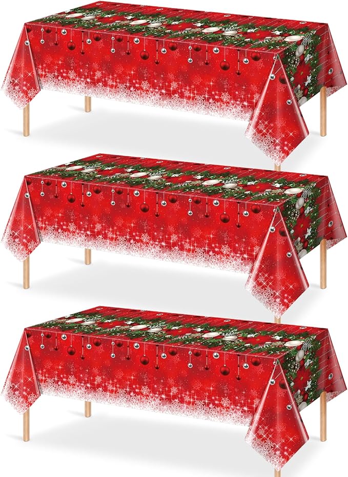 3Pieces Merry Christmas Tablecloth Plastic Christmas Tree Ball Table Cover by JectivsPartyDecorations