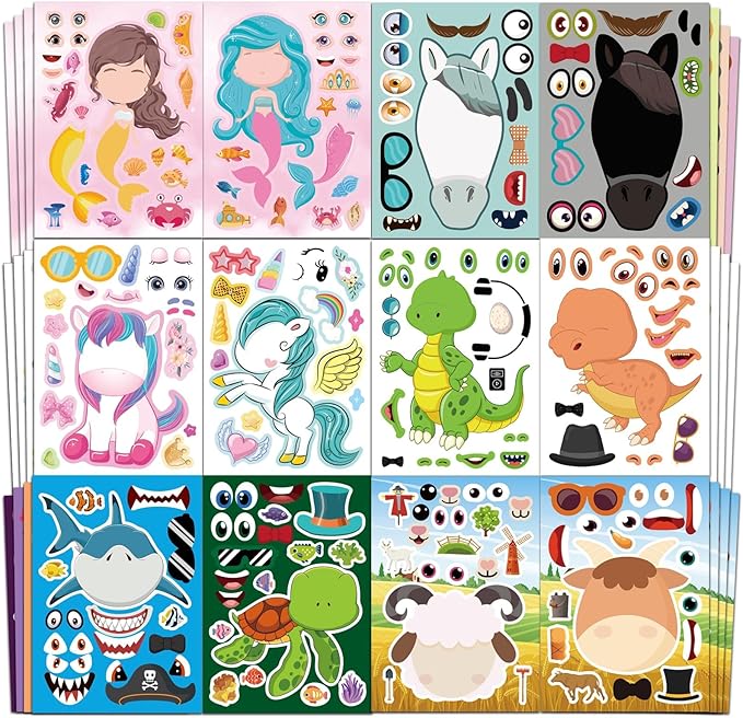 Aowplc 36 Pcs Make-A-Face Sticker Sheets Kids Party Favors Mix and Match by Aowplc