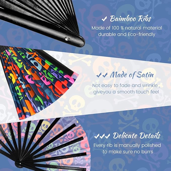 SYNTECSO Folding Hand Fan for Rave, UV Glow Fan, Large Bamboo Fan for Drag Queen - Image 3