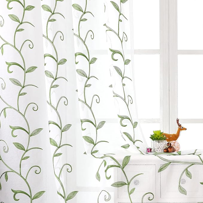 VISIONTEX Embroidered Green Sheer Voile Curtains, Leaves Embroidery Faux Linen by VISIONTEX