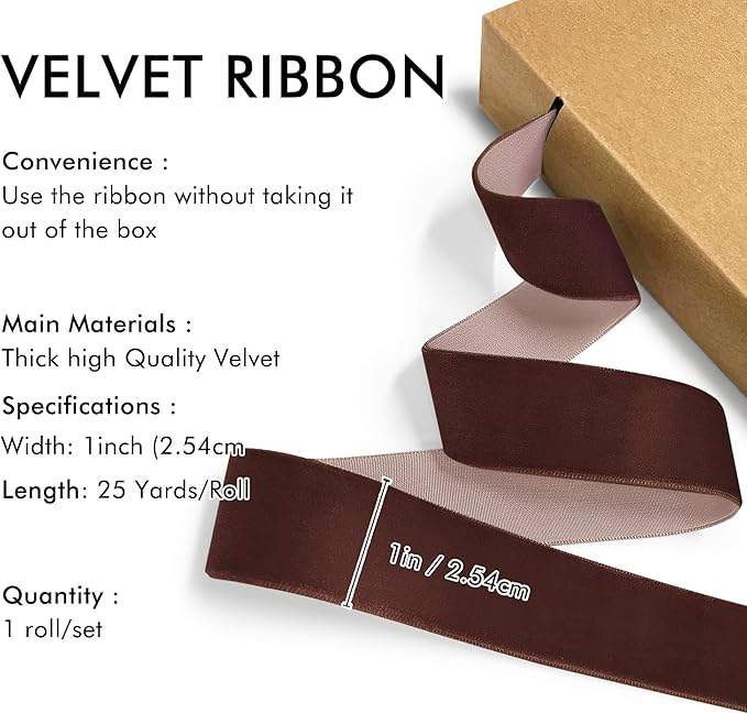 Brown Velvet Ribbon 1'' 25 Yards - Image 2