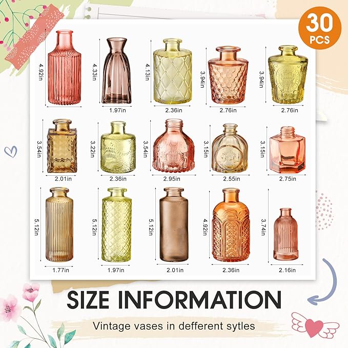 Yaomiao 30 Pcs Vases Bulk Colored Flower Glass Vases Bud Vintage Colored Glass - Image 2