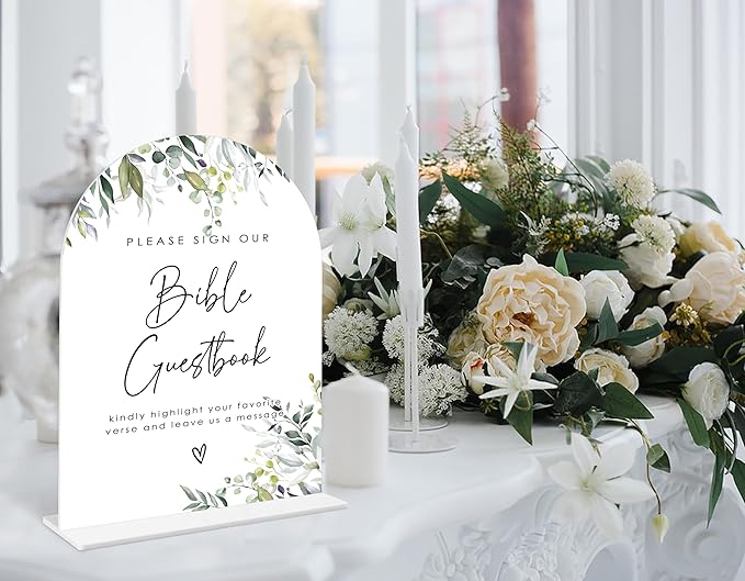 Greenery Bible Guest Book Sign, 6 x 8 Inch White Arch Acrylic Wedding Sign - Image 4