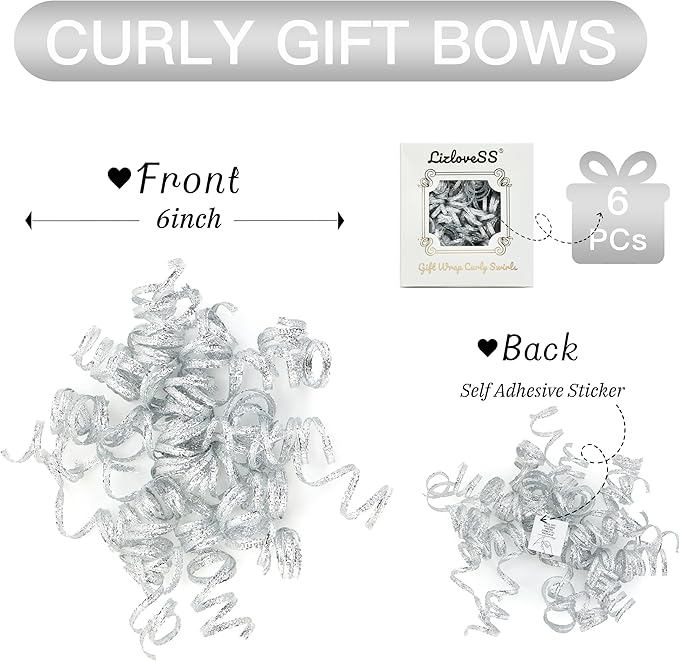 6" Metallic Silver Christmas Curly Ribbon Bows - Image 2