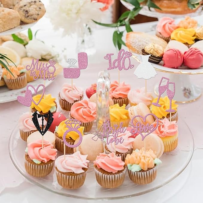 30 PCS Bride to Be Cupcake Toppers Glitter Miss to Mrs I Do Love Heart Ring - Image 4
