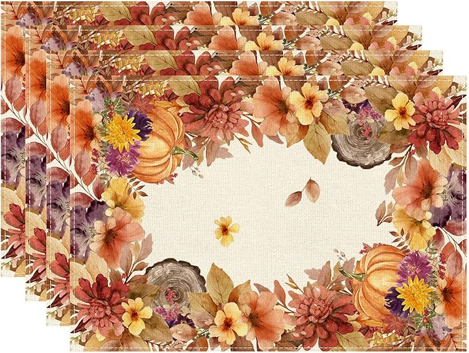 XCHI Fall Color Wild Flowers Watercolor Placemats Set of 4 by XCHI