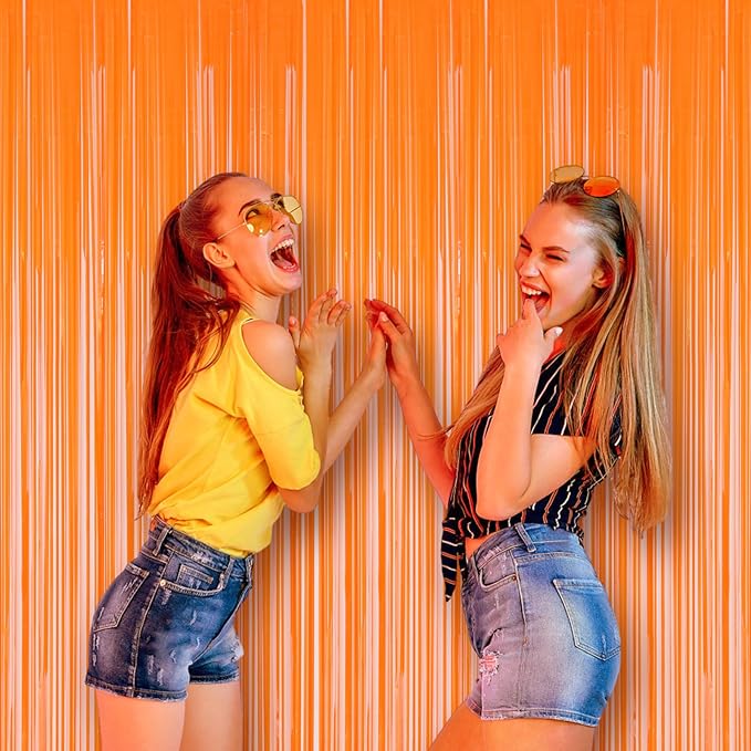 2 Pack Orange Foil Fringe Backdrop Curtains, Tinsel Streamers Birthday Party - Image 6