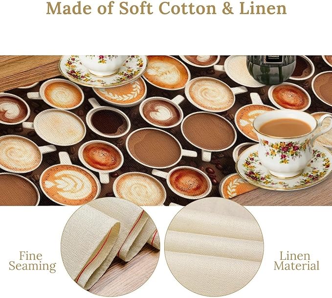 Coffee Theme Table Runner, Farmhouse Coffee Cup Latte Cappuccino Tea Party - Image 5