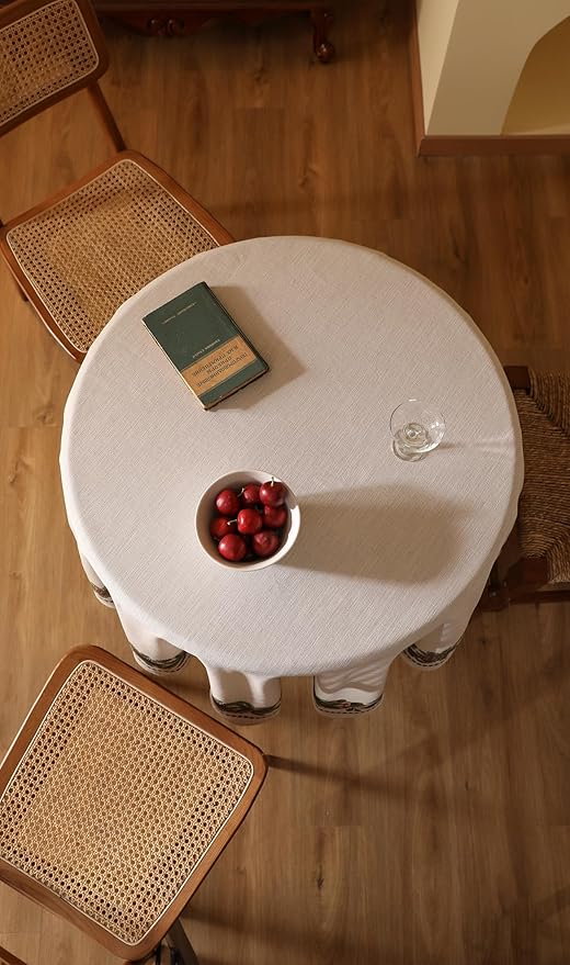 ISAENNE Designer Christmas Linen Round Tablecloth, Light Beige Western Elegant - Image 7