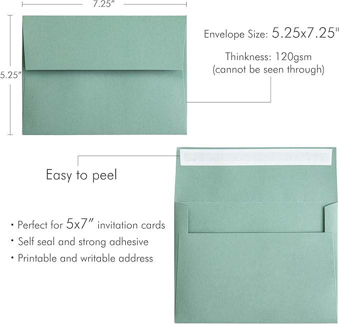 PONATIA 50 Pieces 5x7 Envelopes, Sage Green A7 Envelopes Self Seal - Image 3