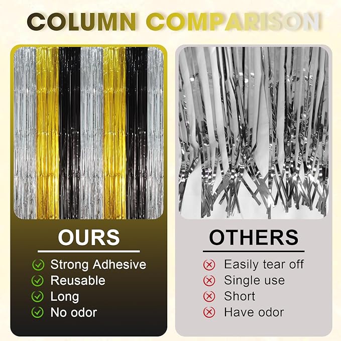 2 Pack Black Gold Silver Foil Fringe Backdrop Curtains, Tinsel Streamers Party - Image 4