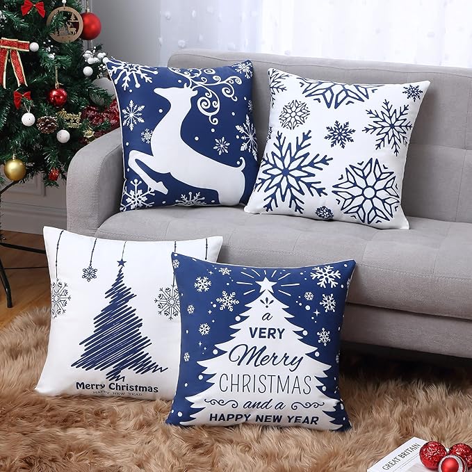 Christmas Pillow Covers 20X20 Set of 4 Navy Blue white Christmas Decorations - Image 2
