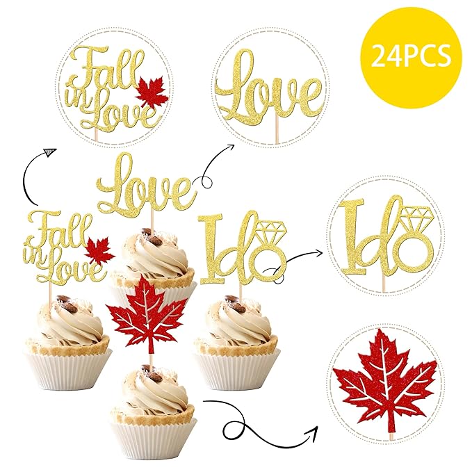24 PCS Fall in Love Cupcake Toppers Glitter Maple Leaves Love I Do Cupcake - Image 3