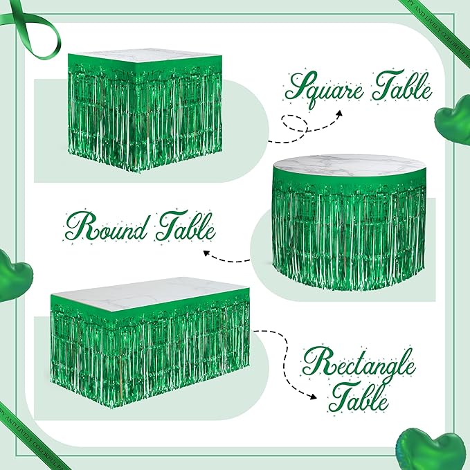 2 Pack Green Table Skirts, 29x108" Metallic Foil Tinsel Fringe Table Skirts - Image 4
