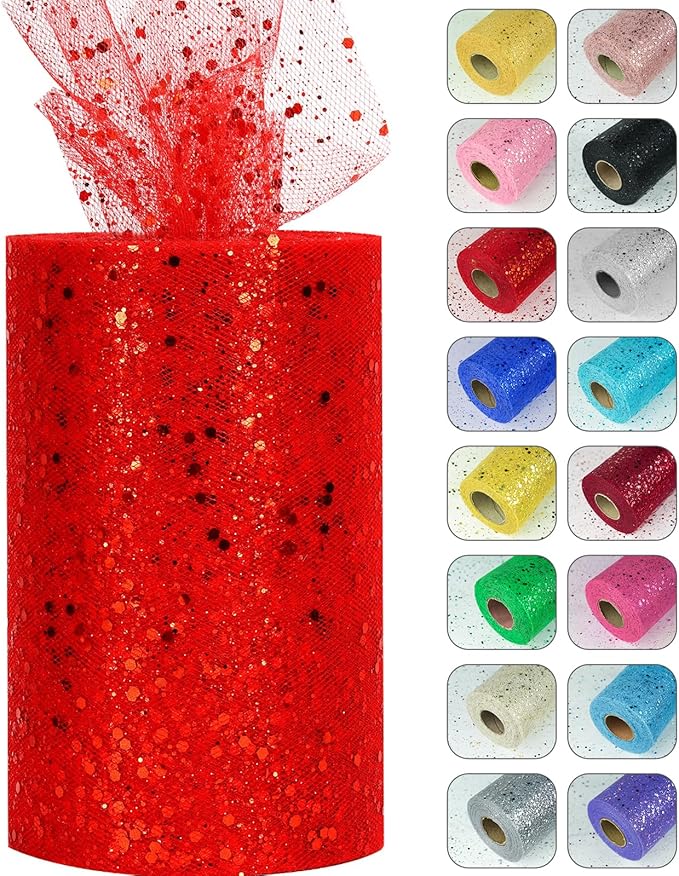 Glitter Tulle Rolls, 6” by 50 Yards Sparkling Tulle Spool Ribbon Sequin Tulle by Miegecha
