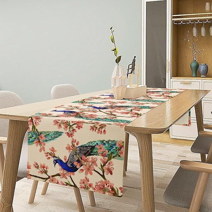 Peacock Table Runner, Spring Floral Peacock Birds Table Runner - Image 2